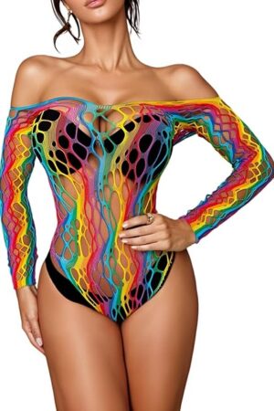 Women's Sexy Fishnet Lingerie See Through Teddy Bodysuit Colorful Beach Swimsuit Bikini Cover Up Elastic Bodystockings