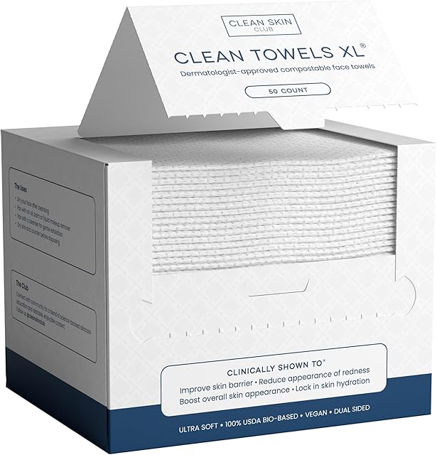 Clean Skin Club Clean Towels XL?, 100% USDA Biobased Face Towel, Disposable Face Towelette, Eczema Association Accepted, Makeup Remover Dry Wipes, Ultra Soft, 50 Ct, 1 Pack