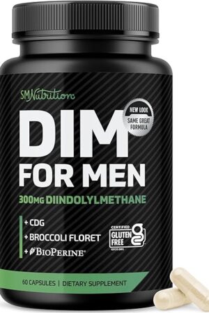 DIM Supplement for Men 300mg | Estrogen Blocker & Aromatase Inhibitor | Extra Strength Men?s Hormone Balance & Fitness Booster with Diindolylmethane Plus CDG & Sulforaphane | Gluten-Free | 60 Ct