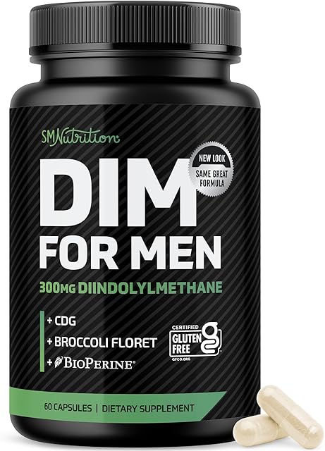 DIM Supplement for Men 300mg | Estrogen Blocker & Aromatase Inhibitor | Extra Strength Men?s Hormone Balance & Fitness Booster with Diindolylmethane Plus CDG & Sulforaphane | Gluten-Free | 60 Ct
