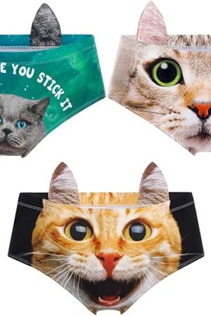 3 Pcs Women's Funny Naughty 3D Printed Cat Tail Underwears Sexy Briefs with Cute Ears Bachelorette Party Gifts