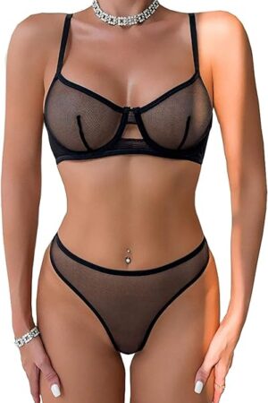 Women's Mesh Sheer Push Up Lingerie Set See Through Bra and Panty Sets