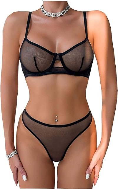 Women's Mesh Sheer Push Up Lingerie Set See Through Bra and Panty Sets