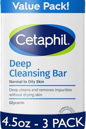 Cetaphil Bar Soap, Deep Cleansing Face and Body Bar, Pack of 3, For Dry to Normal, Sensitive Skin, Soap Free, Hypoallergenic, Paraben Free, Fragrance Free, Removes Makeup, Dirt and Oil
