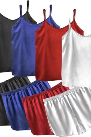 4Pcs Satin Pajamas for Women Silk Womens Pajamas Sets Soft Sleepwear Pjs Cami Top and Shorts Sleep Camisole Nightwear