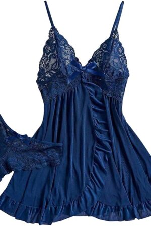 Women's 2 Piece Lingerie Set Lace V Neck Ruffle Chemise and Panty Babydoll Sleepwear