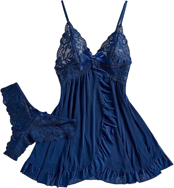 Women's 2 Piece Lingerie Set Lace V Neck Ruffle Chemise and Panty Babydoll Sleepwear