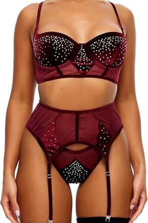 Women's Caught Your Eye Velvet Rhinestone Longline Bra Lingerie Set