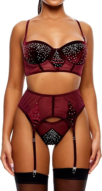 Women's Caught Your Eye Velvet Rhinestone Longline Bra Lingerie Set