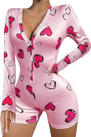 Women's Heart Print Romper Pajama V Neck Long Sleeve Button Front Sexy Onesie Bodycon Overall Bodycon Overall