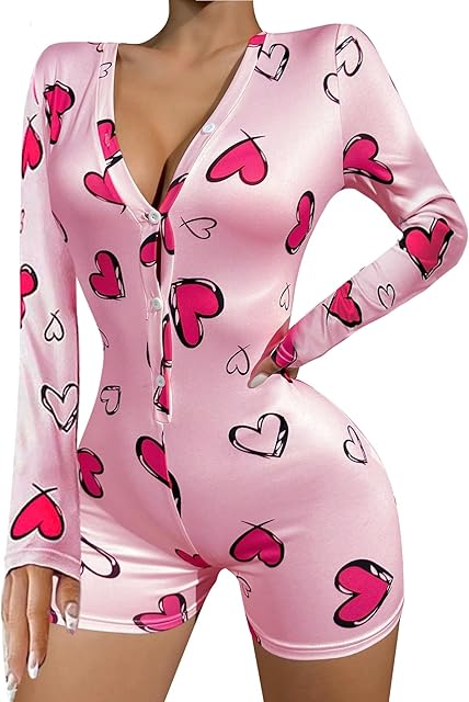 Women's Heart Print Romper Pajama V Neck Long Sleeve Button Front Sexy Onesie Bodycon Overall Bodycon Overall