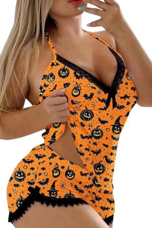 Halloween Sexy Pajama Set for Women 2025 Print Camisole Tops And Pj Shorts Lace Trim Backless Sleepwear Lingerie