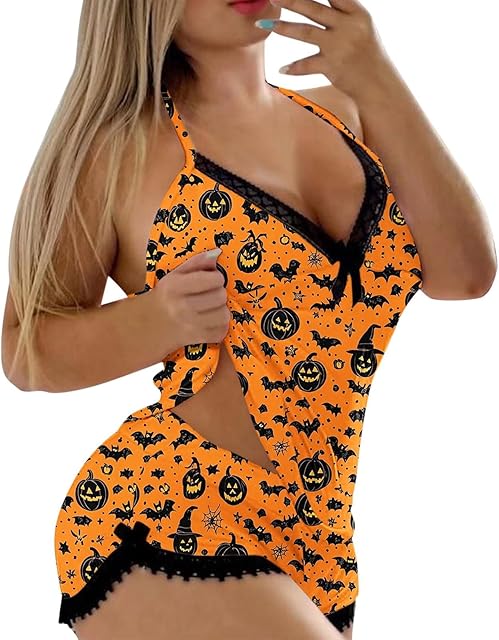 Halloween Sexy Pajama Set for Women 2025 Print Camisole Tops And Pj Shorts Lace Trim Backless Sleepwear Lingerie