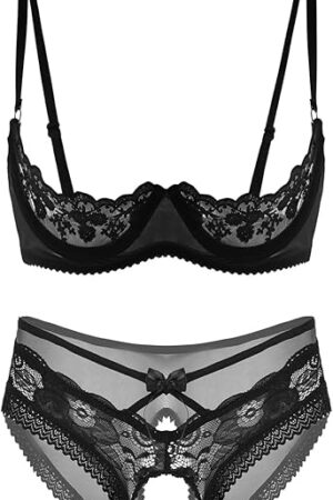 Womens Sexy 1/4 Cup Lace Shelf Bra Brassiere with Panty Mesh Lingerie Set Underwire Push Up Bra