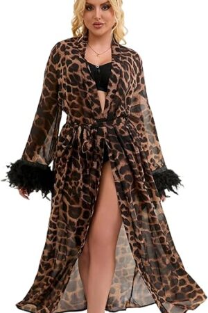 Women Leopard Long Kimono Robe Plus Size Sexy Sheer Chiffon Robe Fancy Bridal Robe for Women with Belt