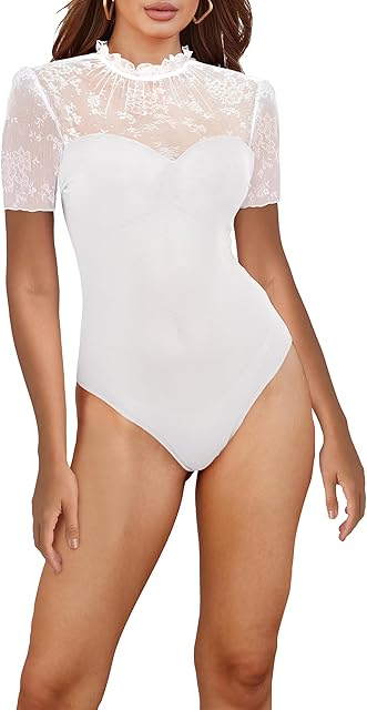 Women's Sexy Lace Sheer Mesh Bodysuit Long Sleeve See Through Going Out Tops Party Night Out Romper Club Outfits