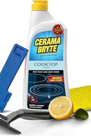 Cerama Bryte Glass Cooktop Cleaner Combo Kit with POW-R Grip, Scraper, Pad Removes Tough Stains, Stovetop Cleaner for Glass - Ceramic Surfaces, 10 Ounces, 4 Piece