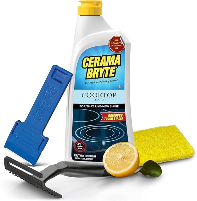 Cerama Bryte Glass Cooktop Cleaner Combo Kit with POW-R Grip, Scraper, Pad Removes Tough Stains, Stovetop Cleaner for Glass - Ceramic Surfaces, 10 Ounces, 4 Piece