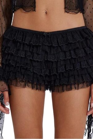 Women Mesh Lace Bloomer Shorts Y2k Layered Ruffle Frilly Booty Shorts Fairy Bow Sexy Boy Shorts Panties