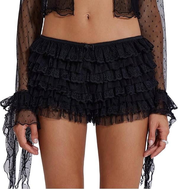 Women Mesh Lace Bloomer Shorts Y2k Layered Ruffle Frilly Booty Shorts Fairy Bow Sexy Boy Shorts Panties