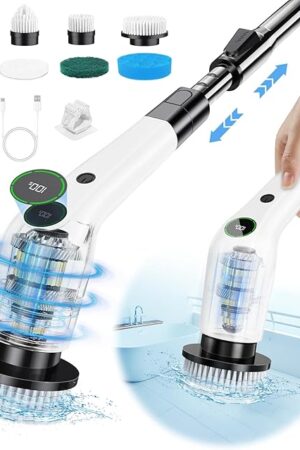 Electric Spin Scrubber, Cordless Shower Scrubber with 8 Scrub Brush, 2 Speed with Adjustable Extension Handle, Battery Level Display, Power Scrubber for Bathroom Bathtub Tile Floor, Black