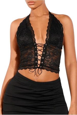 Women's Sexy Lace Corset Top Halter Neck Lace Up Front Crop Top Y2K Backless Tie Tank