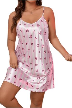 Women's Plus Size Stripe Print Satin Nightgown Sleepwear Round Neck Sleeveless Sexy Slip Nightdress
