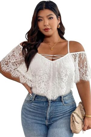 Women's Plus Size Lace Cold Shoulder Short Sleeve Bodysuits Criss Cross Fitted Body Suit Top