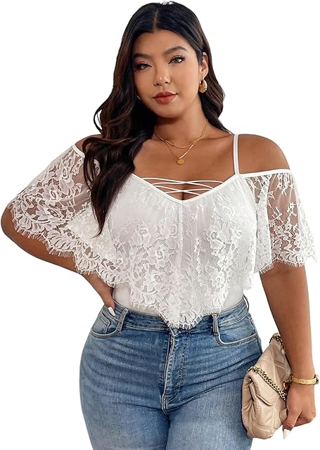 Women's Plus Size Lace Cold Shoulder Short Sleeve Bodysuits Criss Cross Fitted Body Suit Top