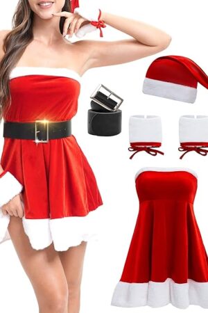 Women's Christmas Lingerie Set 5 Piece Sexy Santa Babydoll Red Chemise with Accessories