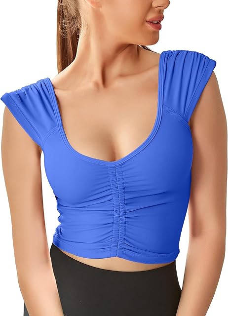 Women Workout Tops Sleeveless Yoga Longline Sports Bra Cutout Short Sleeve Crop Tank Top Gym Running Athletic Shirt U-Back
