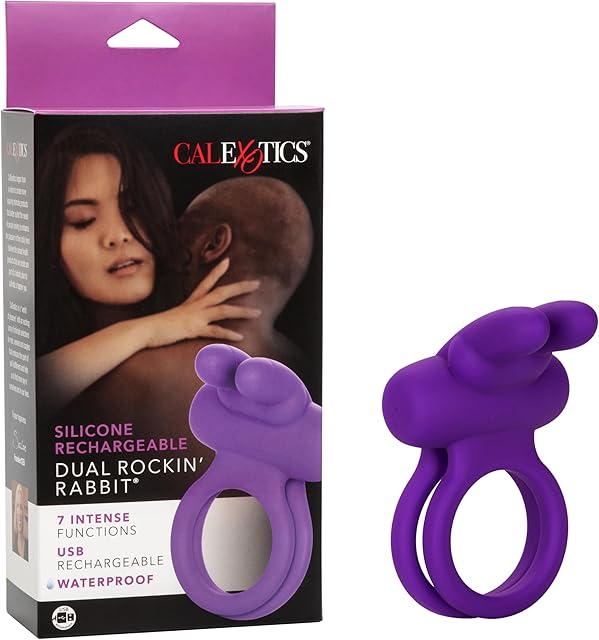 CalExotics Silicone Rechargeable Dual Rockin Rabbit Enhancer, Vibrating Cock Ring for Couple Adult Sex Toy Purple SE-1843-20-3