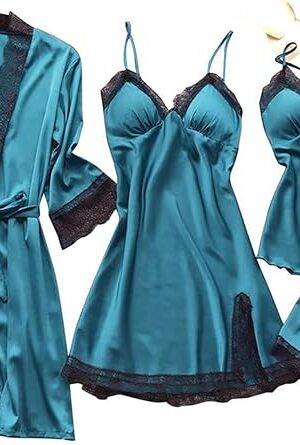 Women's Satin Pajamas Sets 4Pcs Nightgown Robe Set Floral Lace Lingerie Cami Shorts Sleepwear Nightdress Fashion