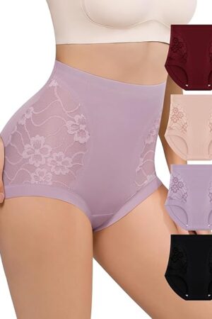 Women's High Waisted Lace Underwear Full Coverage Nylon Panties Soft Breathable Sexy Ladies Briefs 4-Pack S-XXL