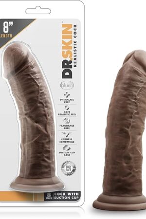 Blush Novelties Dr Skin - Lifelike 8 Inch Long Large Realistic Dildo - 2in. Extra Thick - Sturdy StrapOn Compatible Suction Cup for Hands Free Play - Body Safe Adult Sex Toy for Women Men - Chocolate