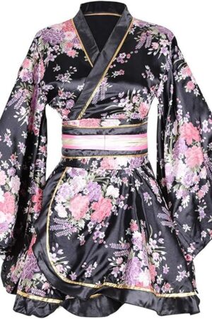 Kimono Costume Adult Japanese Geisha Floral Patten Gown Blossom Bathrobe Sleepwear With Obi Belt