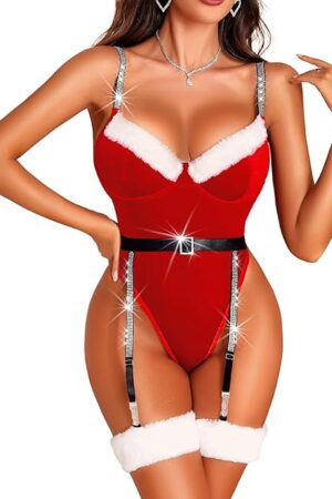 Christmas Lingerie for Women - Sexy Santa Teddy Bodysuit Rhinestone Xmas Babydoll One Piece with Underwire and Garter