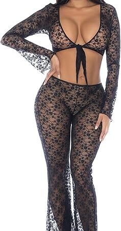 1915 Two Piece Lounge Set for Women - Sexy Floral Lace Lingerie Set Black, S/M - L/XL - Variation