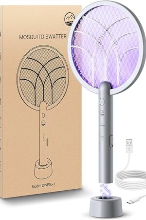 Electric Fly Swatter Racket, Mosiller 2 in 1 Smart Bug Zapper & Power Take Off Generators with USB Rechargeable Base, Powerful Mosquitoes Trap Lamp & Fly Killer for Home, Bedroom (Light Grey1 Pack	)