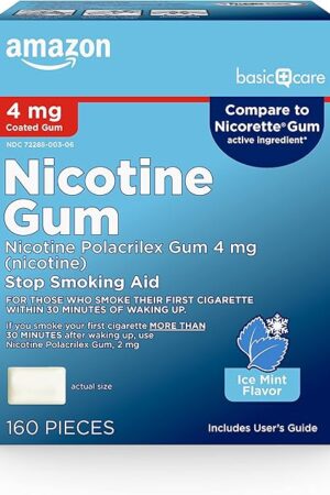 Amazon Basic Care Coated Nicotine Polacrilex Gum 4 mg, Ice Mint Flavor, Stop Smoking Aid, 160 Count