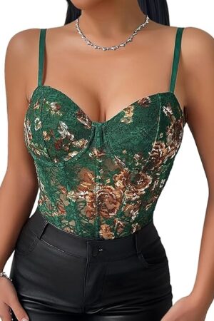 Women's Sexy Floral Embroidery Corset Top Bodysuit Spaghetti Strap V Neck Sheer Mesh Bustier Cami Rave Top