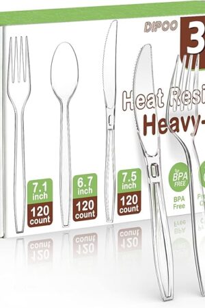 360 Count Plastic Silver Ware Heavy Duty, 120 Forks, 120 Spoons, 120 Knives, Heat Resistant & BPA Free Disposable SilverWare, Disposable Cutlery set, Premium Clear Utencils for Party Supply