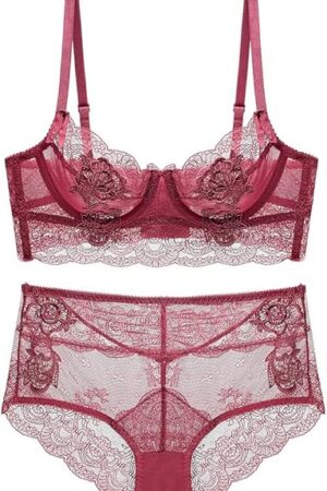 Women's Floral Soft Lace Lingerie Set See Through High Waisted Underwear Underwire Sheer Bra and Panty Set
