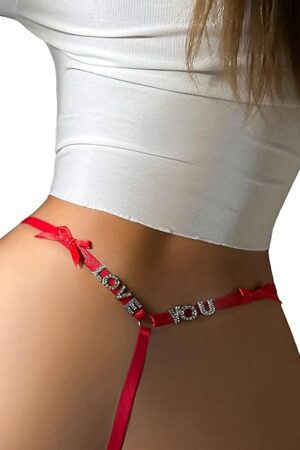 Women's Rhinestone Thong Bow Mid Rise Panty Sexy Lingerie Underwear