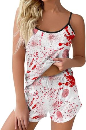 Women's Halloween Pajama Set Bloody Print 2 Piece Sleepwear, Lingerie Style Pjs with Strap Top and Shorts Plus Size Nightwear Sexy V Neck Design for Parties and Home Wear