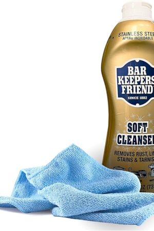 Black Swan Distributors - Bar Keeper's Friend Soft Cleanser (26 oz) & Non-Abrasive, Washable Microfiber Cleaning Cloth (15x15 in) - Home Cleaning Supplies Kit