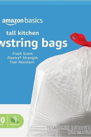 Amazon Basics 13 Gallon Flextra Strength Tall Kitchen Drawstring Trash Bags, Tear Resistant, 10% Post Consumer Recycled, 90 Count