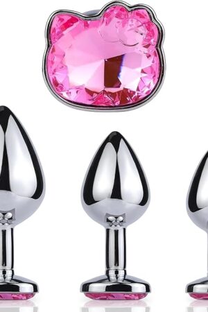 3Pcs Set Luxury Stainless Steel Metal Anal Toy Pink Hello Kitty Shaped Anal Training Unisex for Beginners