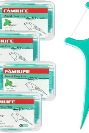 FAMILIFE Floss Picks, 240 Count Mint Dental Floss Cleaner, Tooth Picks Flossers with 4 Travel Handy Cases, Helps to Fight Tooth Decay and Keep Your Teeth Clean, Flossing Sticks for Family