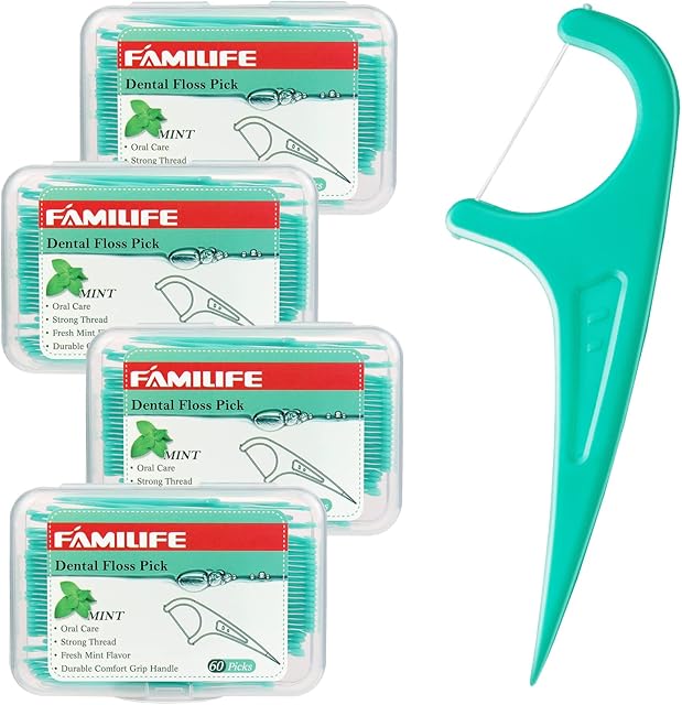 FAMILIFE Floss Picks, 240 Count Mint Dental Floss Cleaner, Tooth Picks Flossers with 4 Travel Handy Cases, Helps to Fight Tooth Decay and Keep Your Teeth Clean, Flossing Sticks for Family
